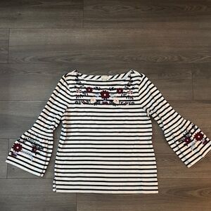 J. Crew Black and White Striped Top with Floral Embroidery
